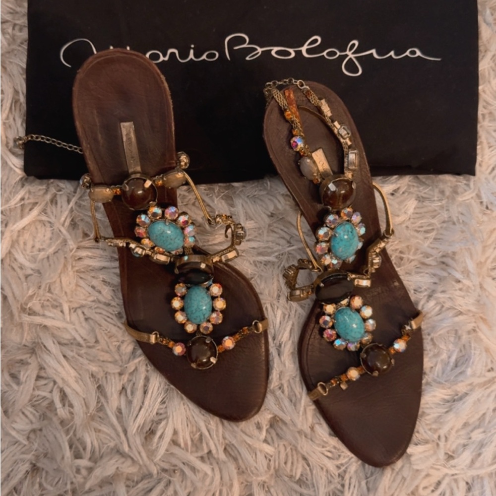 Brown Sandals with Turquoise and Gold Accents